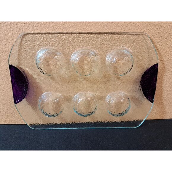 Clear Glass Art Deviled Egg Tray With Purple Accent For 6 Eggs - Picture 3 of 4